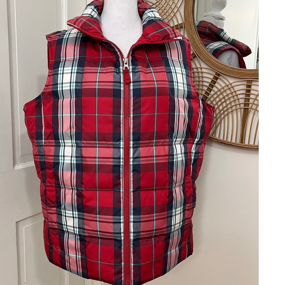 Lands End Women sz L/P 14-16 Down Filled Red‎ Tartan Plaid Puffer Vest  Full Zip
